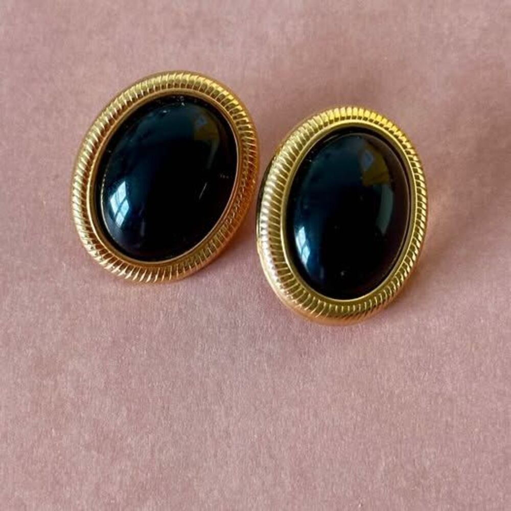 Vintage Gold Tone Black Oval Cabochon Stud Earrings, Statement Pierced Studs
